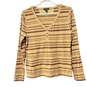 Lauren Ralph Lauren Jeans Co Womens Tan Brown Striped Cotton Henley Top Medium